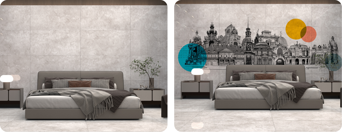 Master Bedroom Tile Wall Design | Contemporary Cityscape Mural